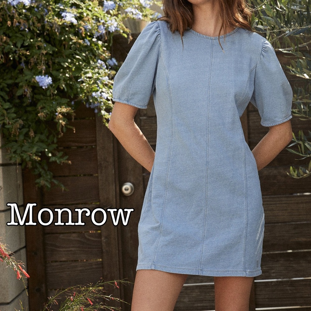 Monrow Indigo French Terry Denim Seamed Dress Size Medium